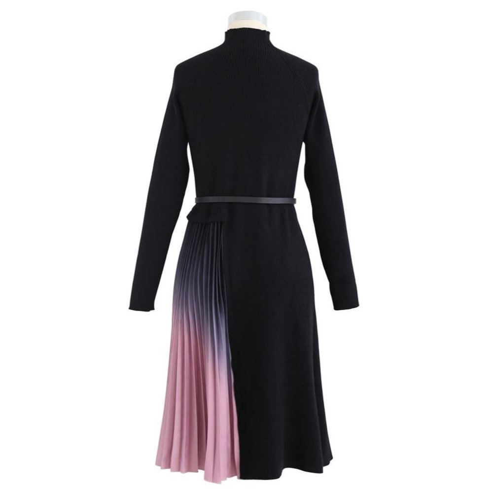 NWT GRADIENT PLEATED SPLICING BELTED KNIT DRESS IN BLACK - Picture 12 of 12